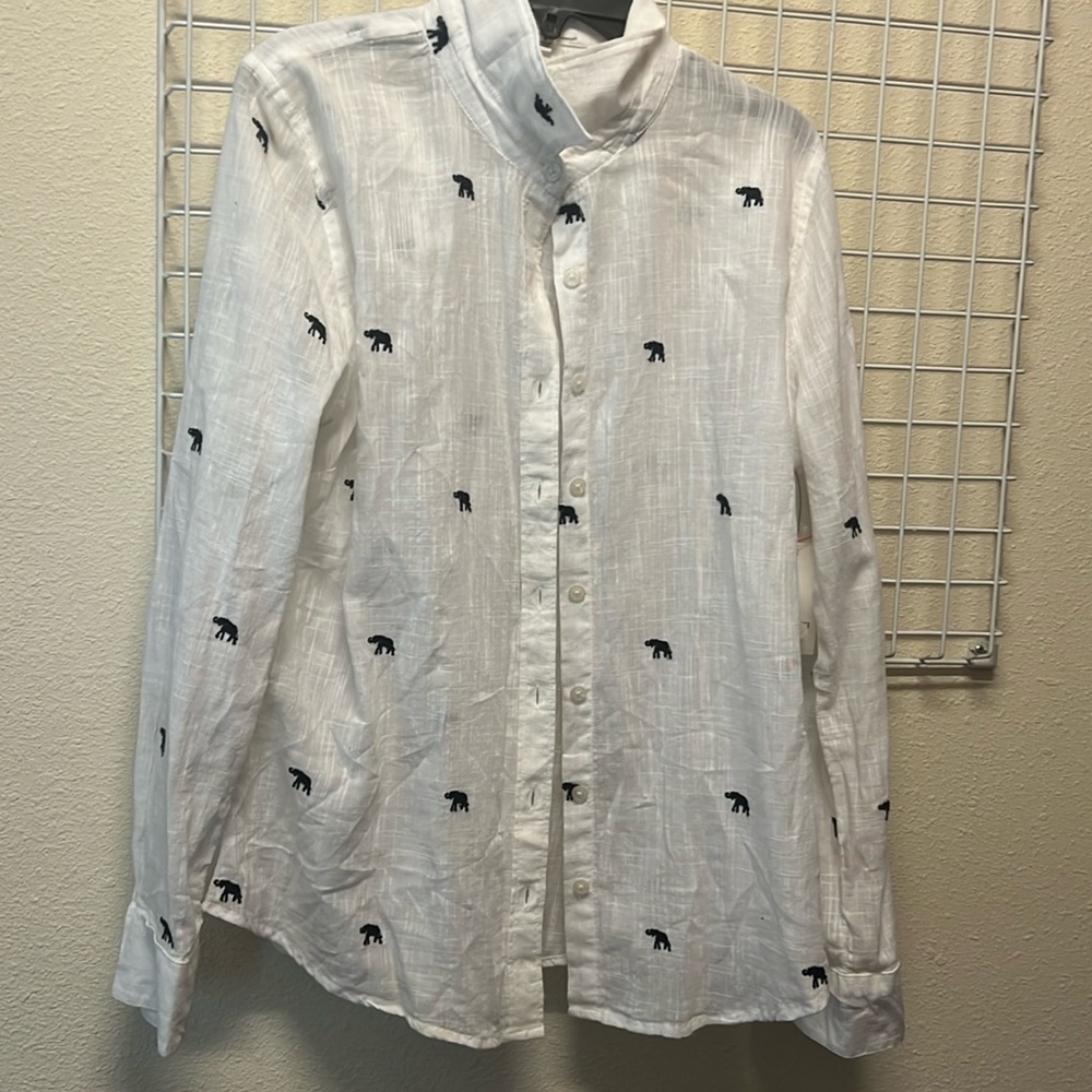 Cute button down blouse white with elephant on it